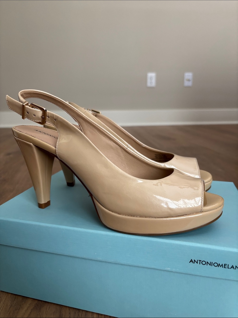 ANTONIO MELANI Nude Patent Slingback Peep-Toe Platform Heels